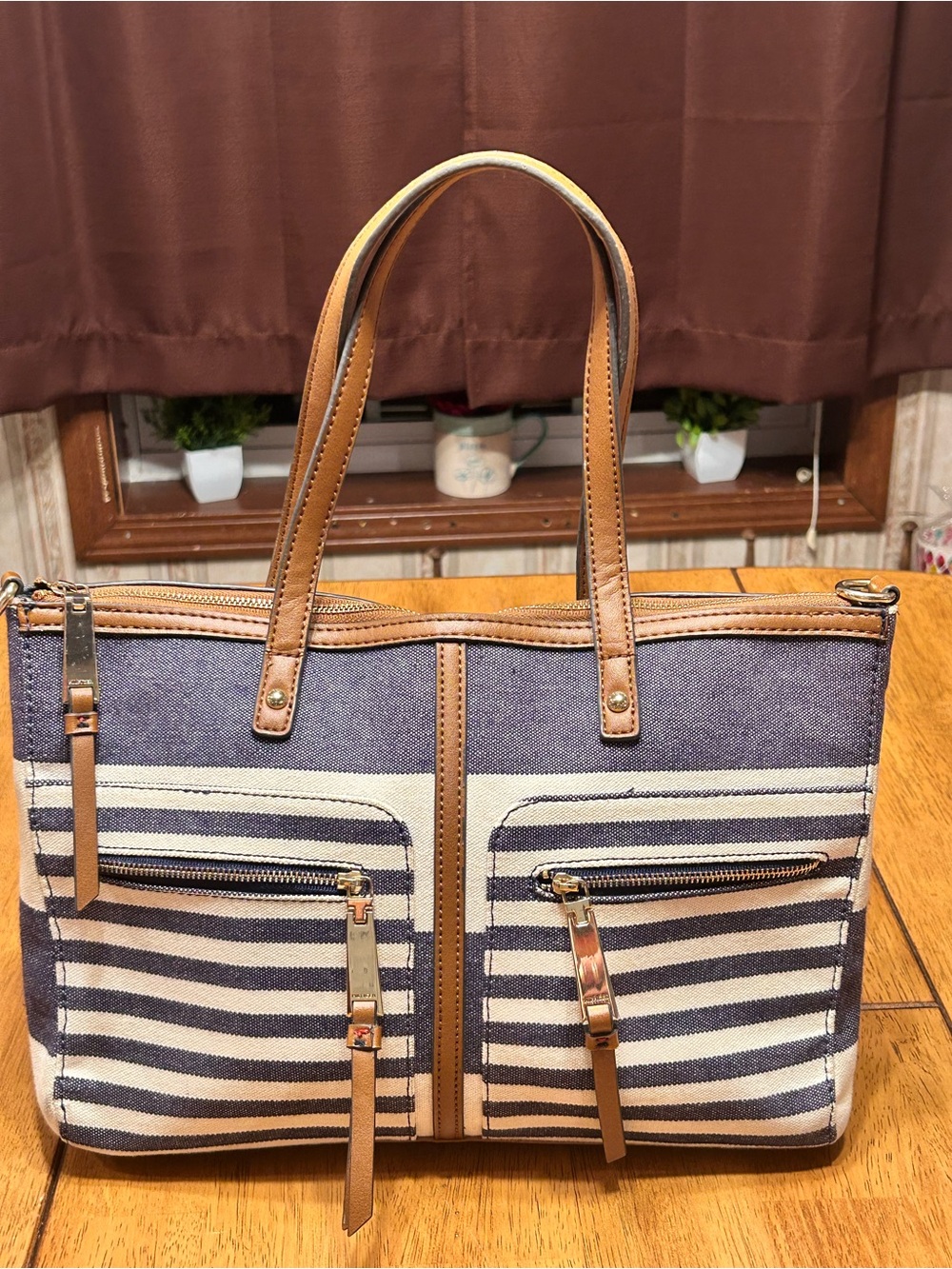 Tommy Hilfiger Navy and Cream Striped Satchel with Brown Trim